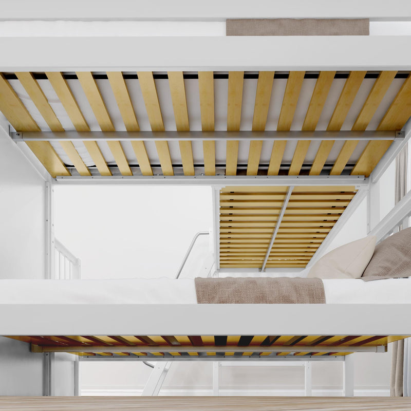 Modern white metal bunk bed underside with wooden mattress slats, ladder and beige bedding in a bright minimalist bedroom