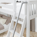 White wooden bunk bed ladder with silver metal handrail, beige neutral bedding and wood plank flooring — modern kids bedroom safety rail
