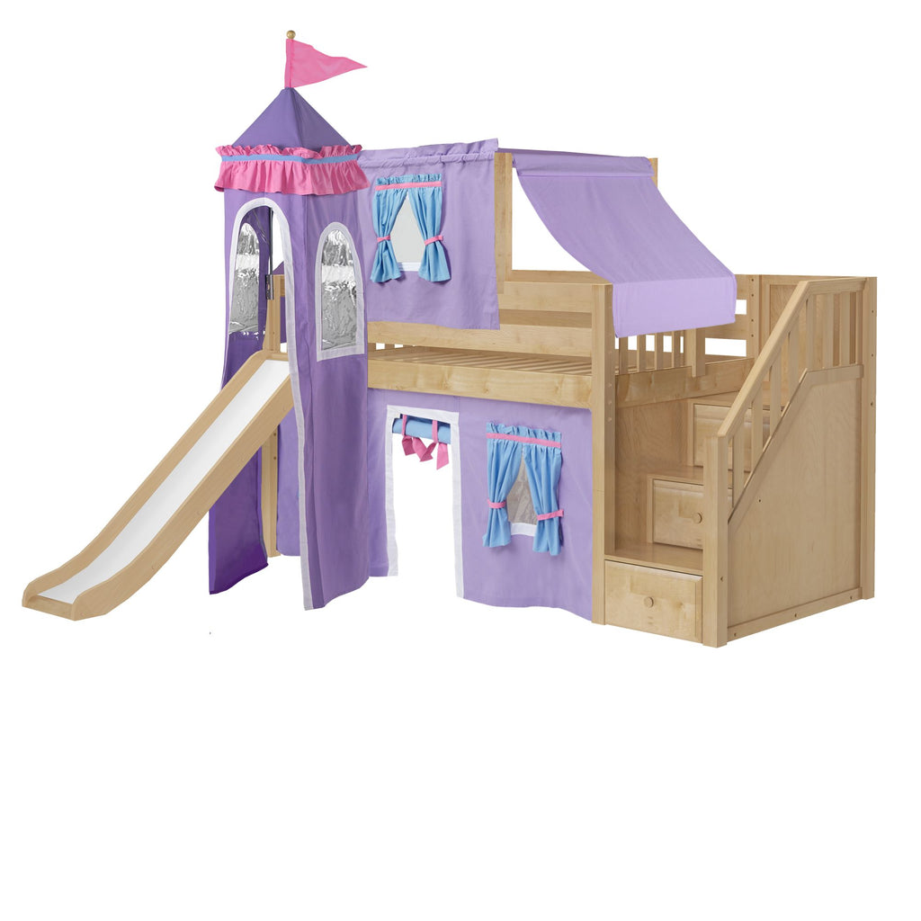 Purple and wood children's loft bed with slide, castle theme, and stairs.
