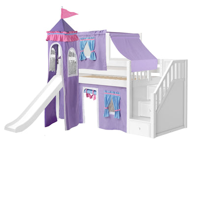White wooden children's loft bed with slide and purple castle tent canopy, staircase with built-in storage drawers, playhouse bunk bed