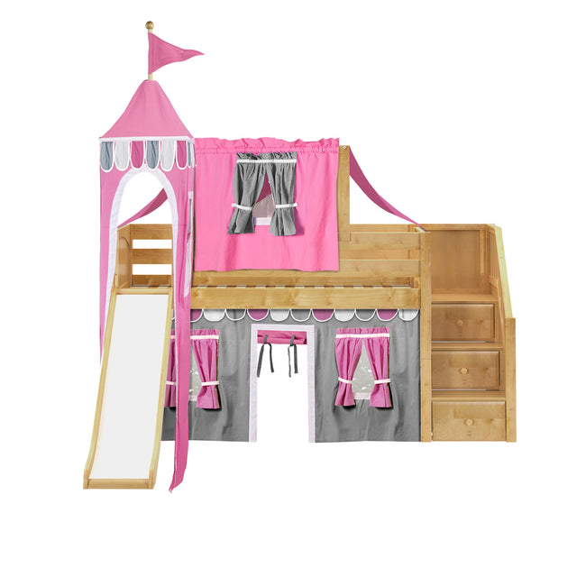 DELICIOUS57 NP : Play Loft Beds Twin Low Loft Bed with Stairs, Curtain, Top Tent, Tower + Slide, Panel, Natural