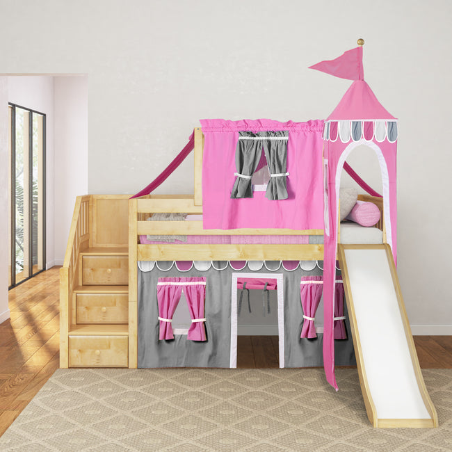 DELICIOUS57 NS : Play Loft Beds Twin Low Loft Bed with Stairs, Curtain, Top Tent, Tower + Slide, Slat, Natural