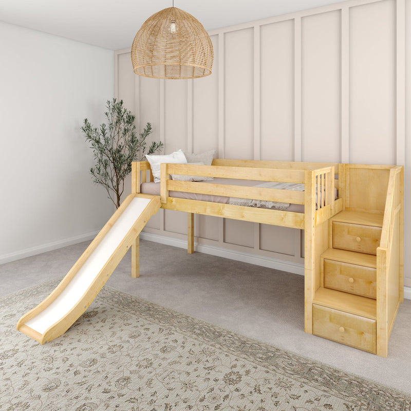Natural wood kids loft bed with slide in a modern neutral nursery, rattan pendant light, board-and-batten accent wall and indoor plant