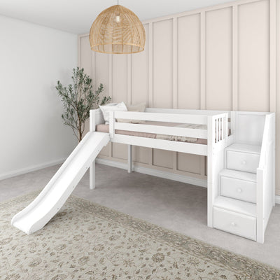 DELICIOUS WC : Play Loft Beds Twin Low Loft Bed with Stairs + Slide, Curve, White