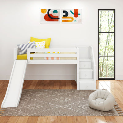 Modern white children's loft bed with slide and built-in storage stairs in bright kids' bedroom, yellow polka-dot and striped pillows, geometric abstract wall art and large window