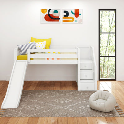 Children's loft bed with slide and drawer stairs in modern bedroom setting.