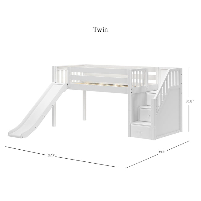 DELICIOUS WS : Play Loft Beds Twin Low Loft Bed with Stairs + Slide, Slat, White