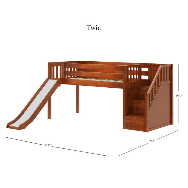 DELICIOUS XL CS : Play Loft Beds Twin XL Low Loft Bed with Stairs + Slide, Slat, Chestnut