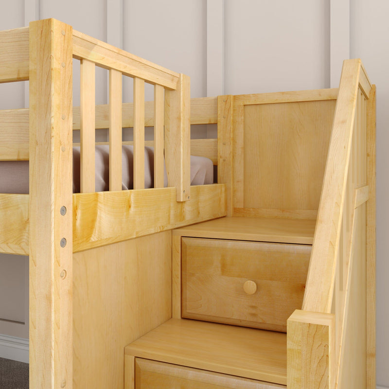 Close-up of solid maple loft bunk bed with built-in stair storage drawers, vertical slat guardrail and natural wood finish for kids' bedroom
