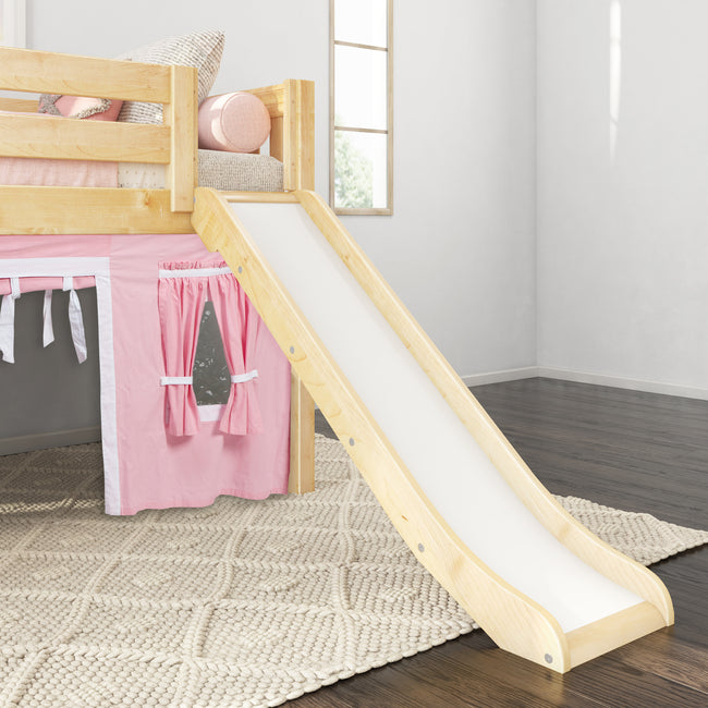 DEN23 NS : Play Loft Beds Twin Low Loft Bed with Angled Ladder, Curtain + Slide, Slat, Natural