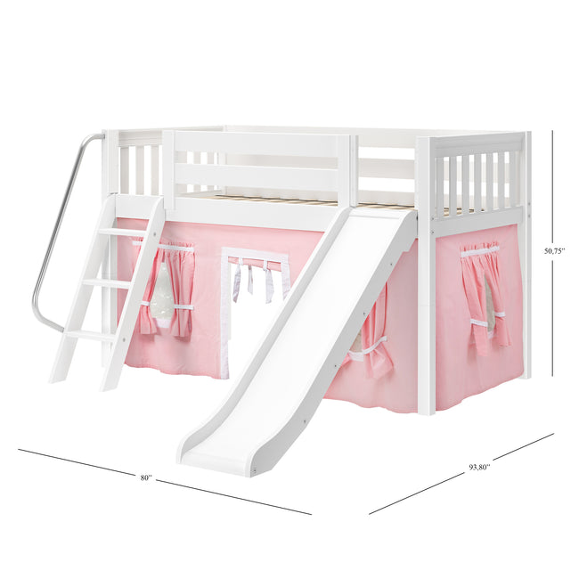 DEN23 WS : Play Loft Beds Twin Low Loft Bed with Angled Ladder, Curtain + Slide, Slat, White