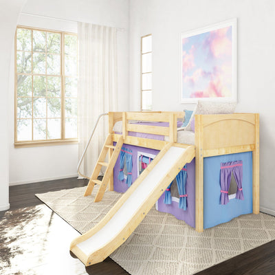 Wooden kids loft bed with slide and purple play-tent curtains in bright children's bedroom with large window and beige rug
