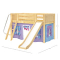 Natural wood kids loft bed with slide and ladder, purple play-tent curtains and fabric storage pockets
