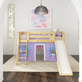 Kids wooden bunk bed with slide and purple play-tent curtains in a bright modern nursery with pastel cloud wall art, woven pendant light, and textured rug