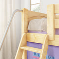 Close-up of natural maple wooden bunk bed ladder with metal handrail, chunky cream knit blanket and purple kids' bedroom wall