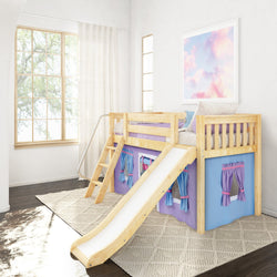 Children's wooden loft bed with slide and ladder — natural pine kids' bunk bed with purple and blue playhouse curtains in a bright bedroom with large window and pastel wall art