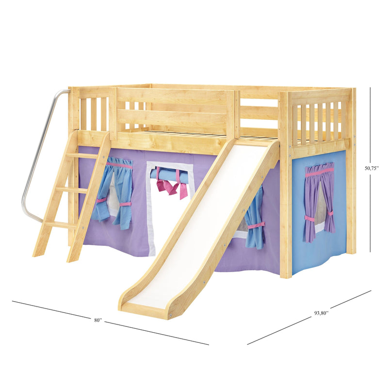 Natural wood twin loft bed with slide, ladder and safety rails, purple play-tent panels underneath — kids bedroom playhouse furniture