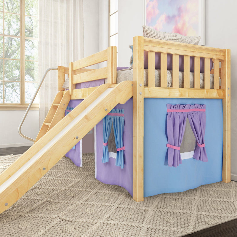 Wooden kids loft bed with slide and blue-purple playhouse curtains, natural pine bunk bed in a bright nursery with large window and cozy woven rug