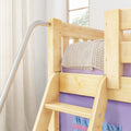 Maple wood bunk bed ladder with metal handrail, chunky beige knitted blanket and purple bedding in a children's bedroom with soft natural light
