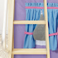 Natural wood children's bunk bed ladder with blue ruffled curtains and pink tiebacks against a purple wall
