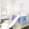 Bright kids bedroom with white wooden loft bunk bed and slide, purple play-tent curtains underneath, large window with sheer curtains and pastel cloud wall art