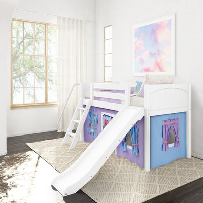 White wooden loft bed with slide and ladder, purple and blue playhouse curtains, cozy children's bedroom with large window and pastel wall art