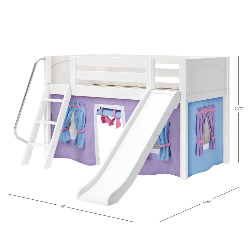 White wooden kids loft bed with slide and ladder, purple play tent curtains and storage pockets — children's playhouse bunk bed, 93.8" x 80" x 50.75