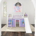 White wooden loft bed with slide and ladder, purple play-tent skirt and blue curtains, pastel cloud wall art and woven rattan pendant in a modern kids’ bedroom