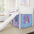 White wooden loft bunk bed with slide and purple-and-blue playhouse curtains, pastel cloud wall art, large wood-frame window with sheer curtains, and textured braided rug in a bright children's bedroom