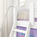 White wooden bunk bed ladder and safety rail with chunky knit beige blanket and purple bedding in bright kids' bedroom