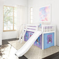 White wooden loft bunk bed with slide and purple playhouse curtains in a bright girls' bedroom featuring a large wood-frame window, sheer drapes, pastel cloud wall art and textured rug