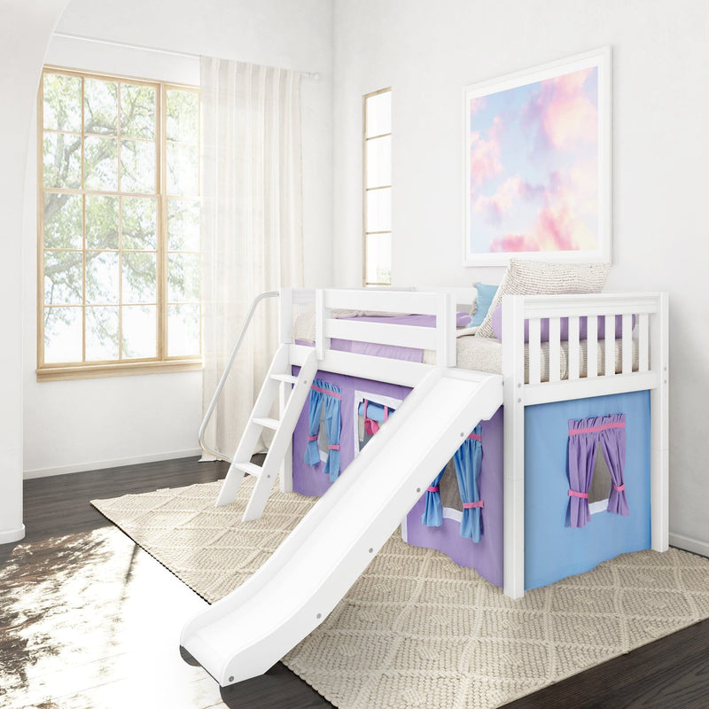 White wooden loft bunk bed with slide and purple playhouse curtains in a bright girls' bedroom featuring a large wood-frame window, sheer drapes, pastel cloud wall art and textured rug