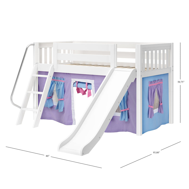 Kids loft bed with slide — white wooden toddler loft bunk bed with ladder, safety rails and purple‑blue playhouse curtains