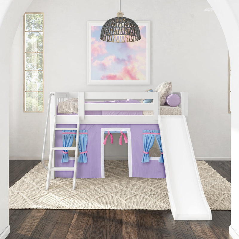 White wooden loft bed with slide and purple playhouse curtains, pastel cloud wall art, woven rug and pendant light in modern kids' bedroom