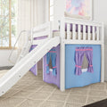 White wooden loft bunk bed with slide and purple and blue playhouse curtains in bright kids bedroom with large window