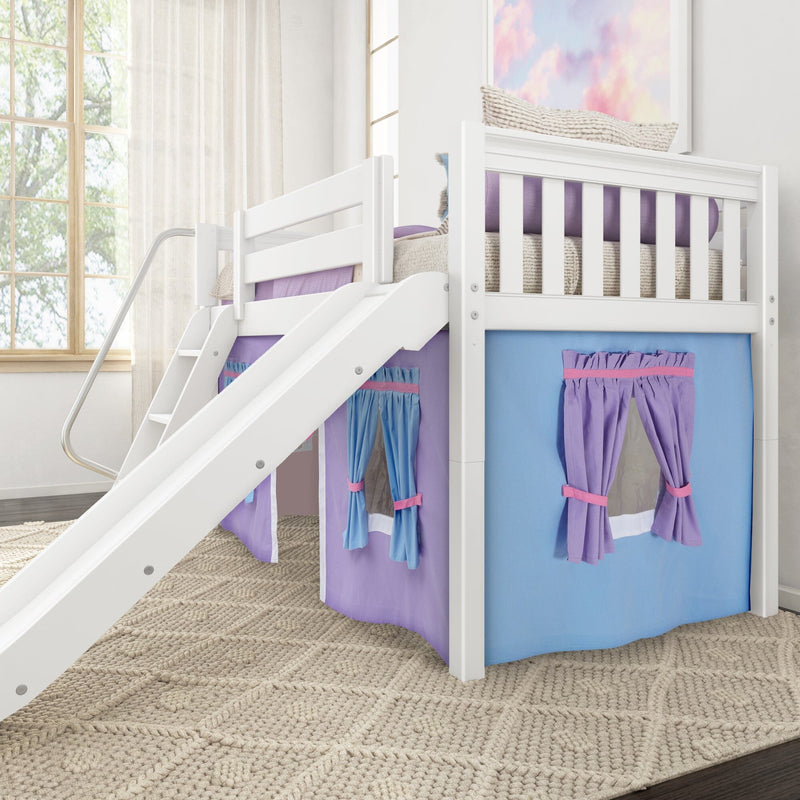 White wooden loft bunk bed with slide and purple and blue playhouse curtains in bright kids bedroom with large window