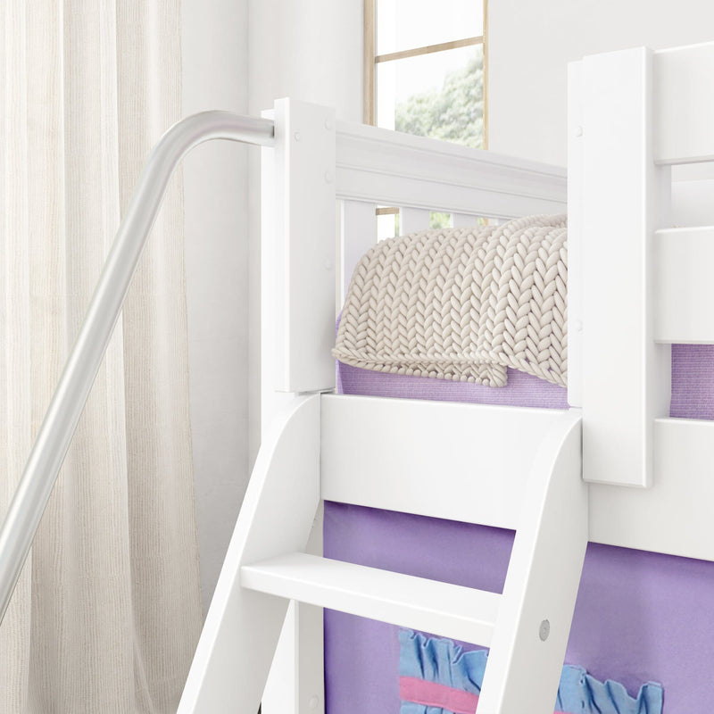 White wooden bunk bed ladder and safety rail with braided cream knit blanket and lavender bedding in a bright minimalist kids bedroom with sheer curtains and window