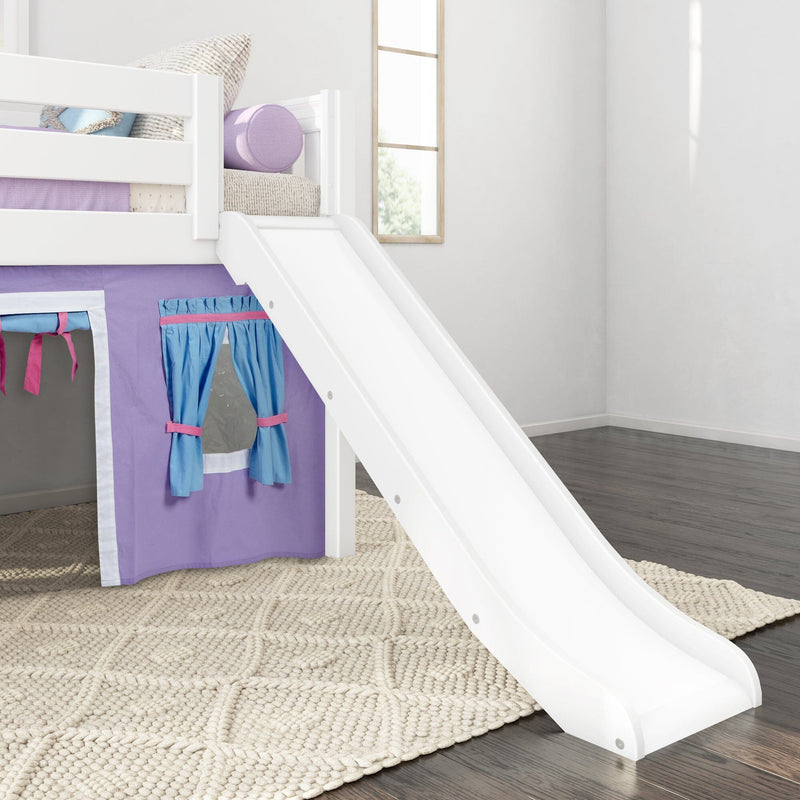 White wooden children's loft bed with slide, purple play-tent skirt and blue curtains, braided rug on hardwood floor in bright kids bedroom