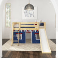 Kids wooden loft bed with slide and navy blue play-tent panels, red-and-white bunting, textured cream rug, woven pendant light and framed elephant wall art in a bright children's bedroom