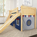 Natural wood kids loft bed with slide and ladder over navy play tent and red-white-blue bunting in a bright modern children's bedroom with textured rug and large window