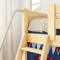 Light maple bunk bed ladder with metal handrail and chunky knit blanket against neutral curtains in a modern kids' bedroom