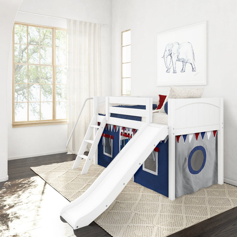 Bright children's bedroom with white wooden bunk bed and slide, navy play-tent underbed with nautical bunting, large window with sheer curtains and framed elephant watercolor art
