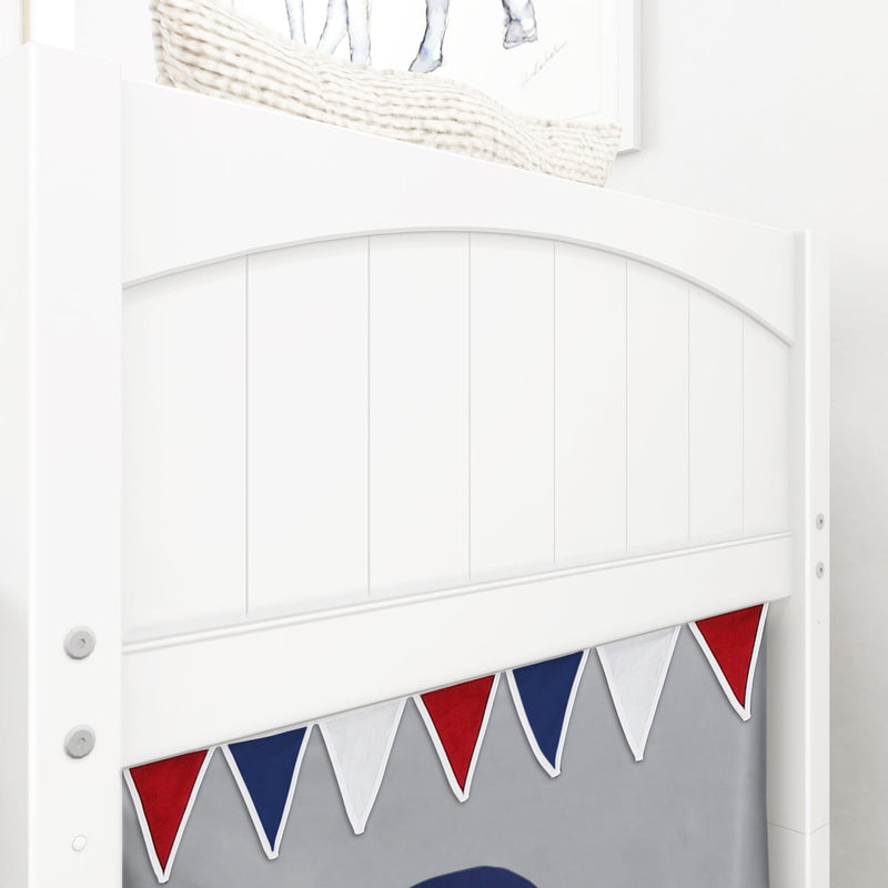 Close-up of white wooden bunk bed headboard with red, white and blue pennant bunting for kids room decor