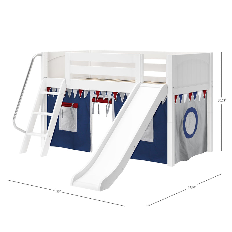White wooden kids loft bed with slide and ladder, navy and red play-tent panels underneath, safety guardrail and decorative bunting