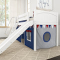 White wooden loft bed with slide and ladder, navy play tent and red-white-blue bunting underneath in a bright children's bedroom with window and textured rug