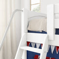 White wooden bunk bed ladder with metal handrail, beige chunky knit blanket, navy pennant decor and neutral curtains in a bright kids' bedroom