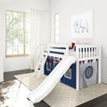 Bright children's bedroom featuring a white wooden loft bunk bed with slide, navy nautical play tent underneath, elephant wall art, large window with sheer curtains