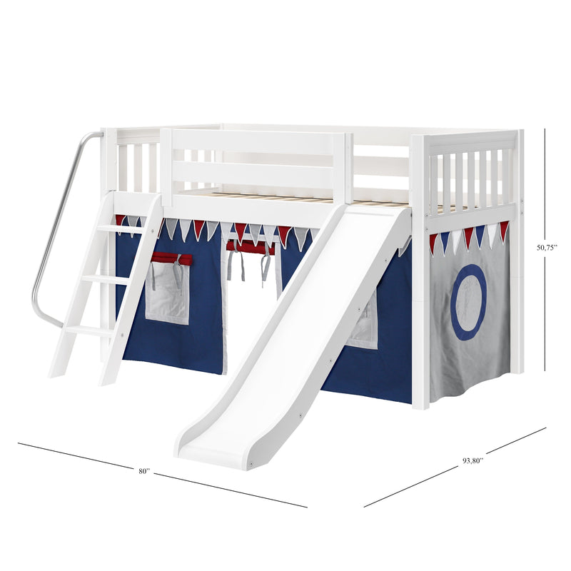 White wooden loft bed with slide and ladder, navy play tent and bunting underneath — children's loft bed for play