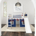 White wooden loft bunk bed with slide and navy-and-red play tent panels in nautical kids bedroom, framed elephant wall art, woven pendant light and hardwood floors