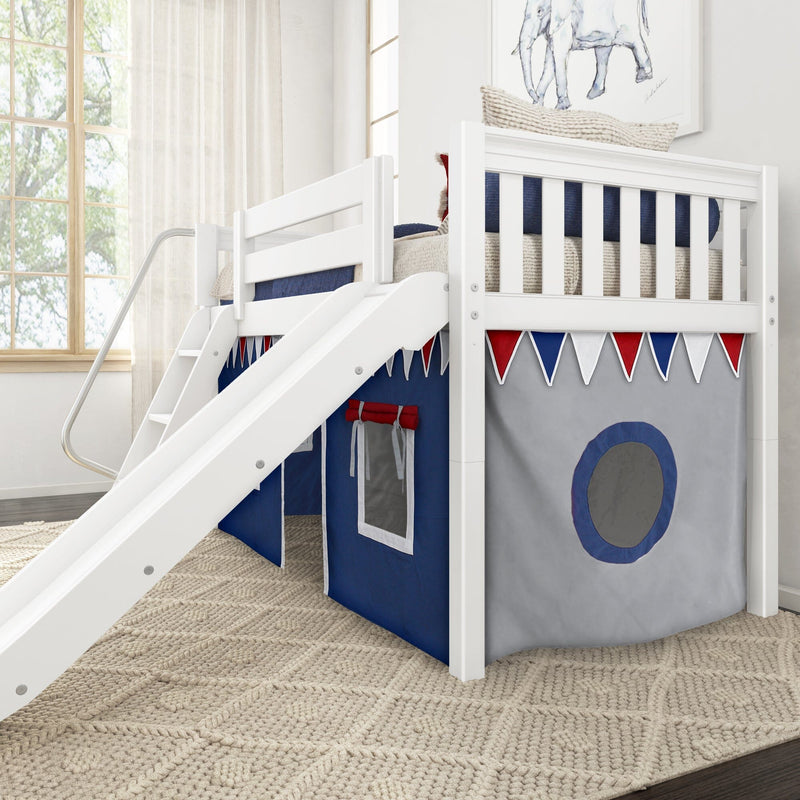 White wooden kids loft bed with slide and navy play tent featuring red, white and blue pennant bunting under the bed in a bright children's bedroom with natural light, beige woven rug and elephant wall art